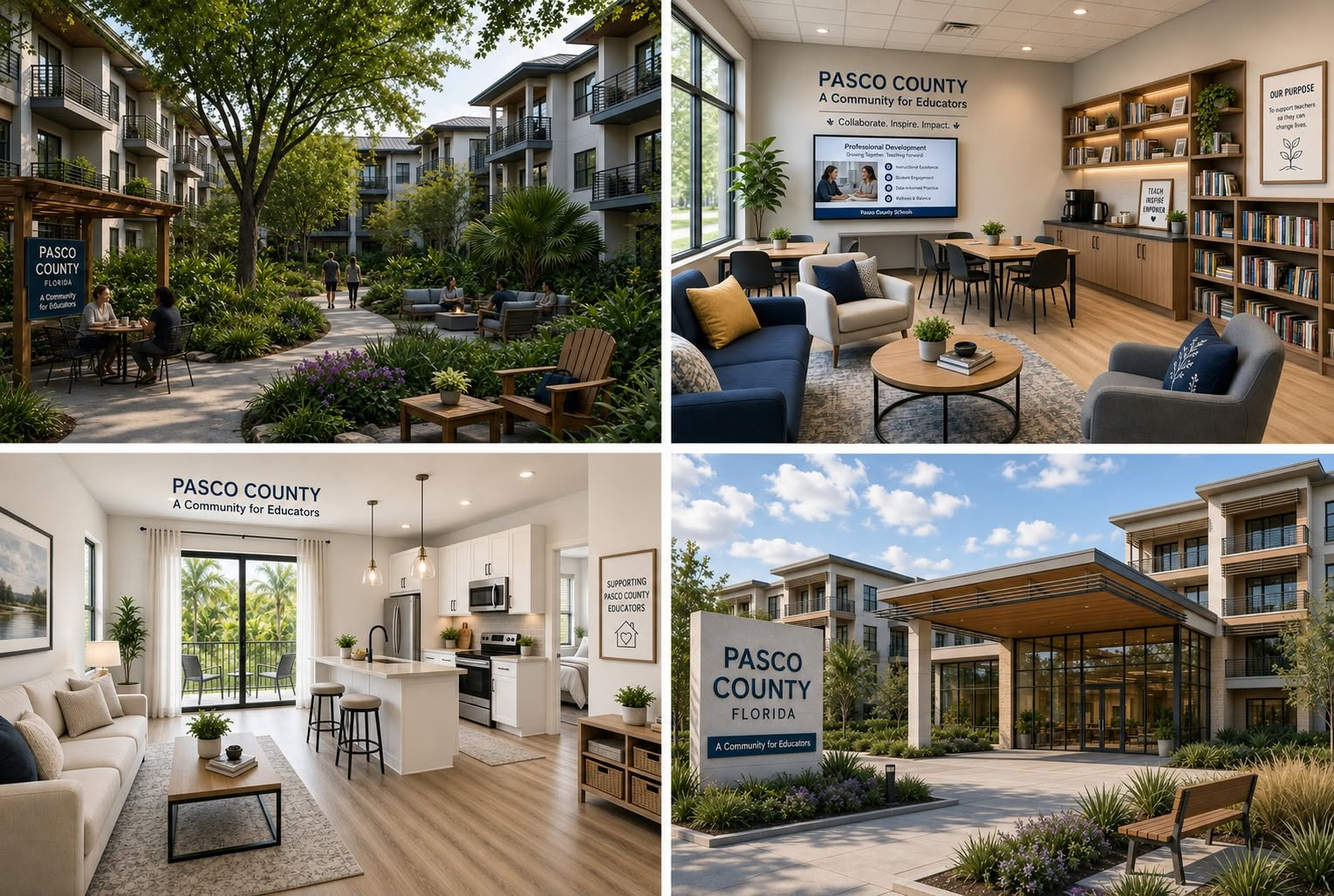Concept renderings of Teacher Village courtyards, a teacher lounge, an apartment interior, and the community amenity building